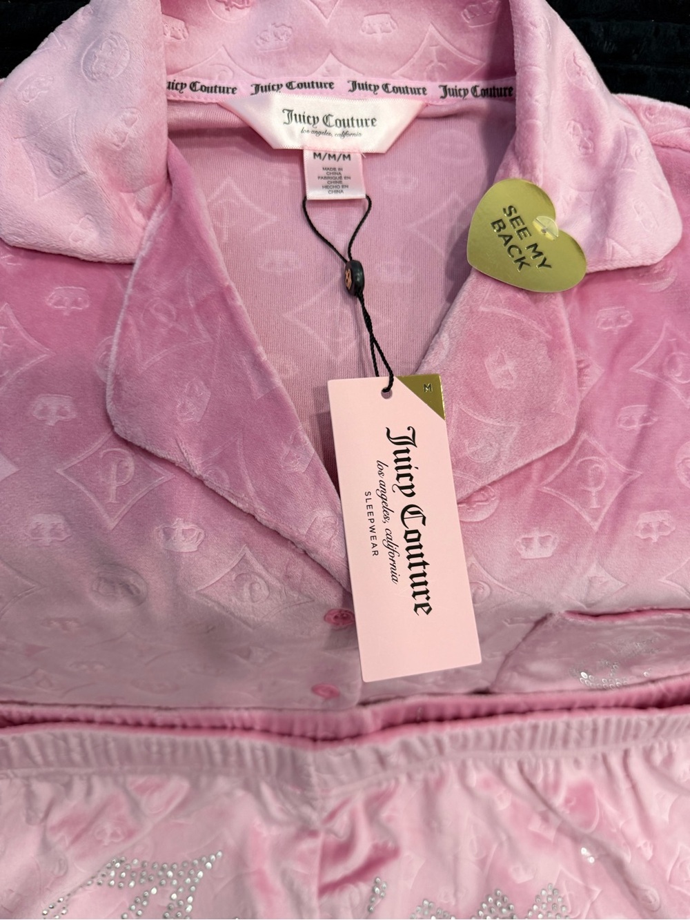Juicy Couture Pink Velour Pajama Set with Embellished Waistband